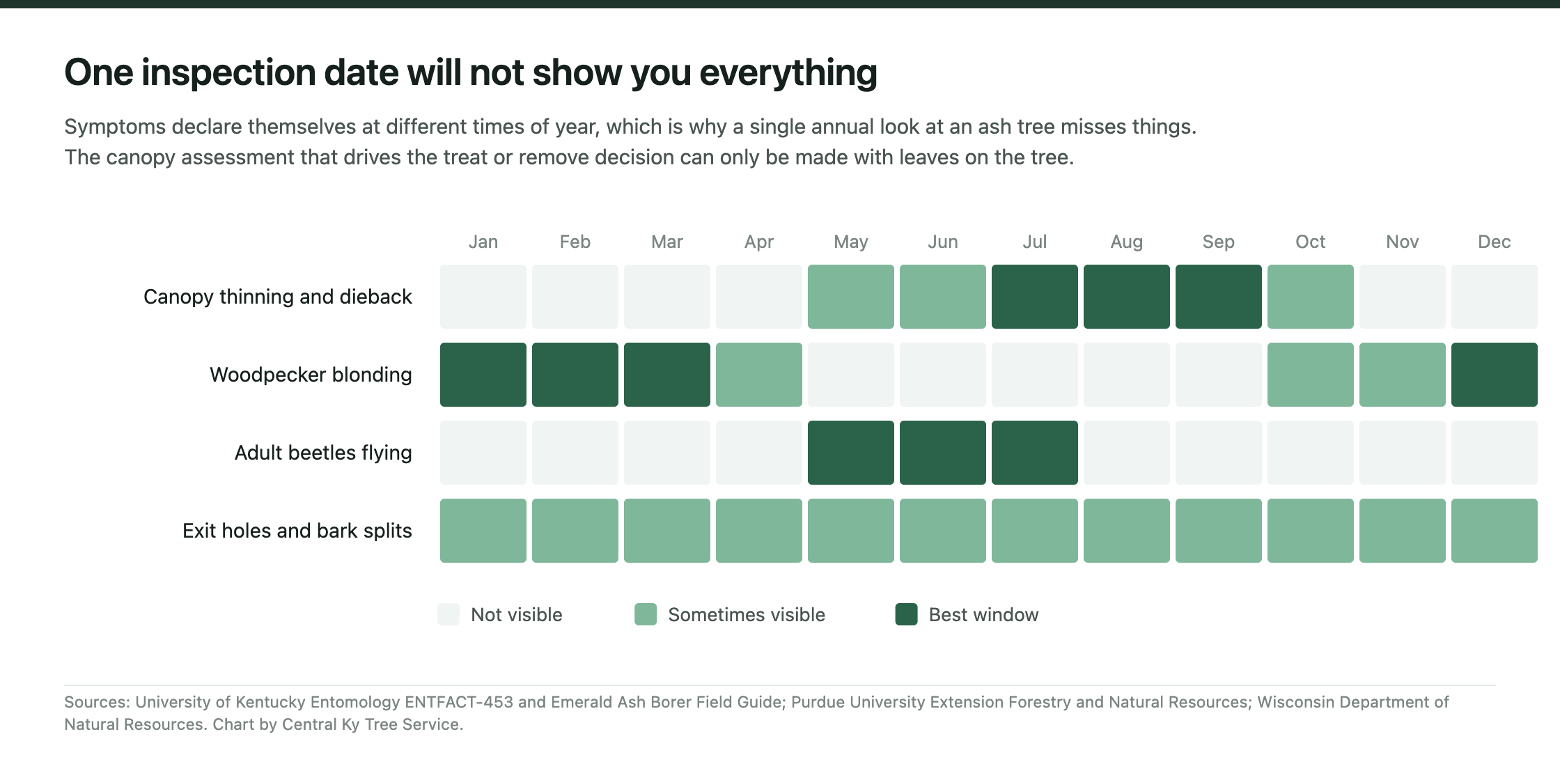 Grid showing which emerald ash borer symptoms are visible in each month of the year, with canopy dieback best in late summer, woodpecker blonding best in winter, and adult beetles flying May through July.