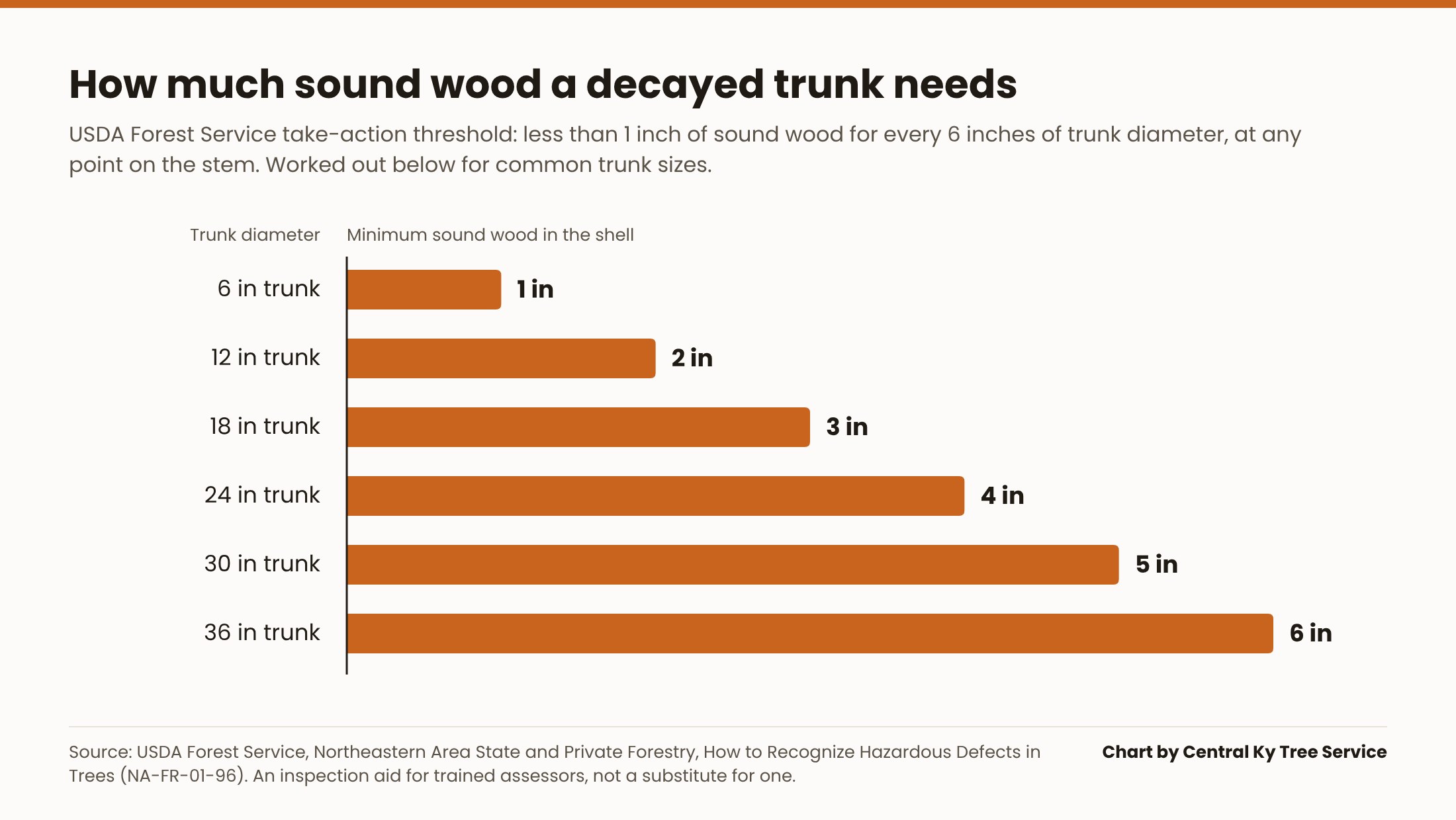 Bar chart showing the minimum sound wood shell a trunk needs by diameter under the USDA rule, from 1 inch for a 6 inch trunk to 6 inches for a 36 inch trunk